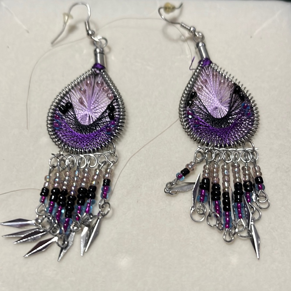 Purple and silver decorative hoop earrings